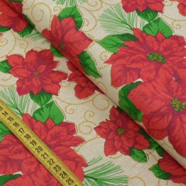 Imagem de Tecido Estampado para Patchwork - Natal: Poinsentia Fundo Bege (0,50x1