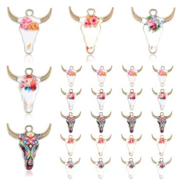 Imagem de Mabor 25 pingentes esmaltados de cabeça de vaca para fazer joias, pingentes de animais de metal, pingentes pequenos para brincos de colar, pulseira, pingente de gado de flores para artesanato DIY,