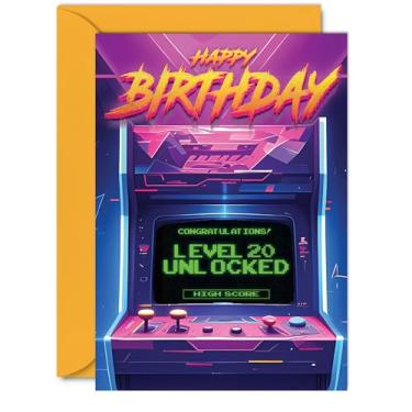 Imagem de Cartões de aniversário de 20 anos para homens e mulheres - Nível 20 desbloqueado - Cartão de feliz aniversário de 20 anos para filho, filha, irmão, irmã, amigo, A5 Twenty Twentieth Bday Video Game