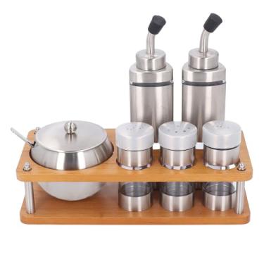 Imagem de Conjunto de Dispensadores de Condimentos de Cozinha, Conjunto de Galheteiro de Sal e Pimenta Com óleo e Vinagre Com Base de Madeira Conjunto de Garrafas de Vinagre de óleo