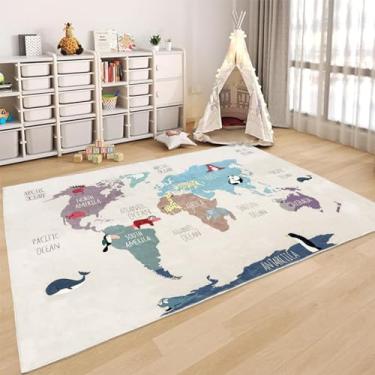 Imagem de USTIDE Tapete de área infantil rosa mapa do mundo tapetes de animais fofos tapete educativo para meninos e meninas tapetes laváveis à máquina para sala de estar, quarto, sala de jogos, 1,2 x 1,8 m