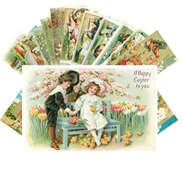 Imagem de Pixiluv Cartões vintage de saudações de Páscoa, 24 peças, saudações de páscoa, retrô, desenhos animados engraçados com crianças, galinhas e coelhos, cartões postais reimpressos