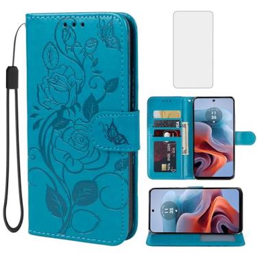 Imagem de Vavies Capa para Moto G34 5G, capa carteira para Moto G45 5G XT2363-2 com protetor de tela de vidro temperado, capa de couro floral com suporte para cartão de crédito para Motorola Moto G34 5G Azul