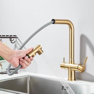 Imagem de Torneira de cozinha retrátil com filtro, torneira purificadora de latão preto, rotação de 360 graus, torneira de água potável, misturador de pia, ouro escovado