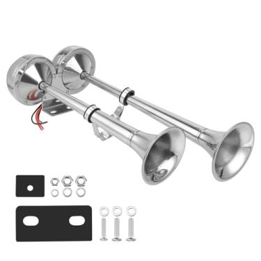 Imagem de Ricmjend Trompete duplo de aço inoxidável à prova d'água de 12 V para caminhão, trailer, caminhonete, caminhonete, ônibus, carro de turismo (buzina de trompete dupla)