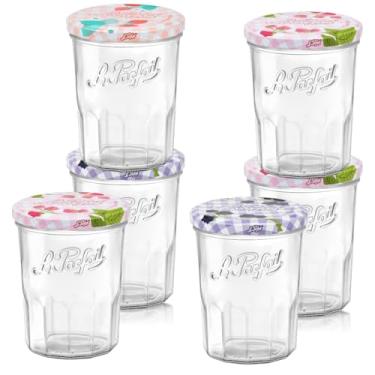 Imagem de Le Parfait potes de geléia potes de conservas transparentes com tampas de metal herméticas coloridas | corpo robusto em vidro facetado francês antiderrapante | funciona para armazenamento de