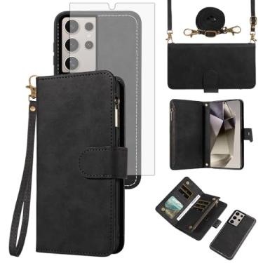 Imagem de Asuwish Capa de celular para Samsung Galaxy S24 Ultra 5G com zíper carteira celular com protetor de tela de vidro temperado alça transversal alça flip porta-cartões S24Ultra 24S S 24 24Ultra feminina