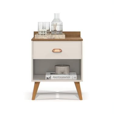 Imagem de Mesa de Cabeceira Quarto Mesinha Apoio Lateral Cama Box Casal Estilo Decoração Retrô Pérola 1 Gaveta Offwhite/Freijó
