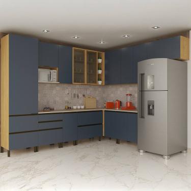 Imagem de Cozinha Completa de Canto Bartira Cristal com 12 Portas, 9 Gavetas, 15 Prateleiras, 3 Nichos e 300cm de Largura - Lâmina Mel/Azul Royal