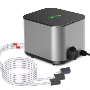 Imagem de hygger Bomba de ar de aquário ultra silenciosa: bomba de ar de aquário ajustável silenciosa de 6W, bomba borbulhadora de aerador de oxigênio potente com saídas duplas, pedra de ar e acessórios