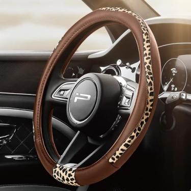 Imagem de Road Comforts Capa para volante – Feita com couro PVC e tecido leopardo – Universal de 36 cm a 38 cm para a maioria dos volantes automotivos – Estampa de chita – Marrom
