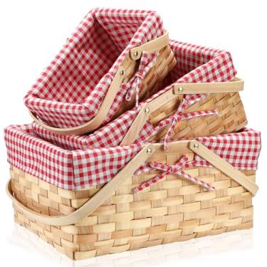 Imagem de LOYIM Cesta de piquenique de páscoa com 3 tamanhos diferentes com alças, forro quadriculado vermelho e branco vintage natural, cesto de tecido rústico para piquenique na primavera, acampamento, ao ar