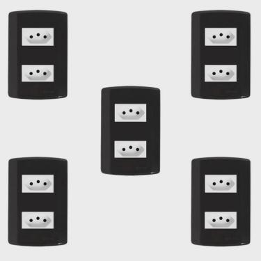 Imagem de Cinco Conjuntos com 2 Tomadas 2p + t 20A 250v, Modular, com Placa 4x2 e Suporte Preto e Branco