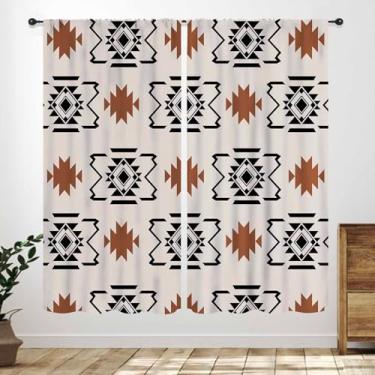 Imagem de Cortinas astecas, sudoeste nativo tribal americano étnico navajo abstrato geométrico triangular retrô estilo boho tratamento para quarto, sala de estar, cozinha, janela, cortinas, 2 painéis, 106 x 113
