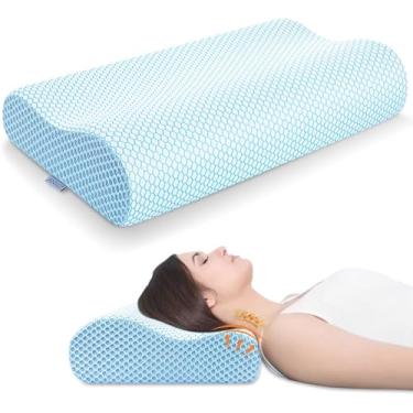 Imagem de Anvo Travesseiro de espuma de memória, contorno de pescoço, ortopédico cervical para dormir, dormindo de barriga lateral e traseira, design ergonômico para alívio da dor no pescoço e ombro, azul e
