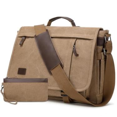 Imagem de Bolsa mensageiro de 17,3 polegadas para homens: 2 peças pasta de lona de couro PU para trabalho para laptop grande computador para viagens de escritório e faculdade (marrom)