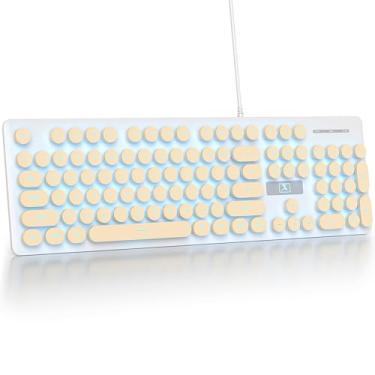 Imagem de Fogruaden Teclado de máquina de escrever retrô com fio, teclado de membrana silencioso de tamanho completo, belos teclados de computador bege, 104 teclas redondas, retroiluminação LED azul, fino