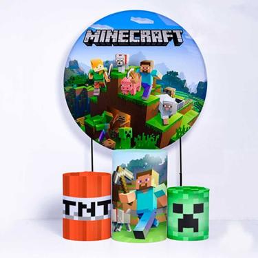 Imagem de Kit Painel de Festa Redondo e Trio de Cilindros Mine Craft - Fera Print