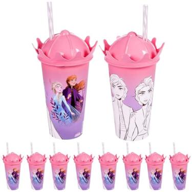 Imagem de Kit 10 Copos com Canudo e Tampa de Coroa Princesas Anna e Elsa Lembrancinha e Decoracao de Festa Aniversario Infantil