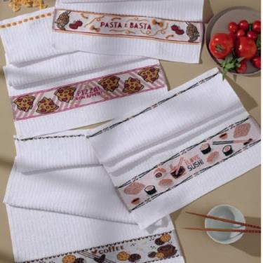 Imagem de Pano de Prato Atolhado Kit 6 PÇ 100% Algodão Alta Absorção Copa Cucina Casa Chamego Guardanapo Chef Bordado 42X65Cm 340G/M² Sortido