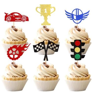 Imagem de UXYOKM 24Pcs Race Car Cupcake Toppers Glitter Traffic Light Hot Wheel Trophy Flag Racing Car Cupcake Picks for Let's Go Racing Sports Theme Baby Shower Boys Birthday Cake Decorations Party Supplies