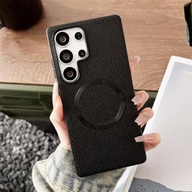 Imagem de Capa de celular magnética de couro com padrão de lichia fina para Samsung S25 S24 Plus FE S22 S23 Ultra A56 A36 A26 A16 Hybrid Protector Cover, preta, para Galaxy A36
