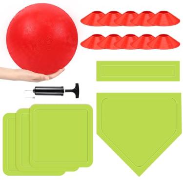 Imagem de Hiboom Conjunto de 16 peças de kickball esportivo inclui bola de playground de 25 cm, 5 bases de borracha para baixo, bomba de bola 10 cones de linha suja para crianças, adultos, playground, escola,