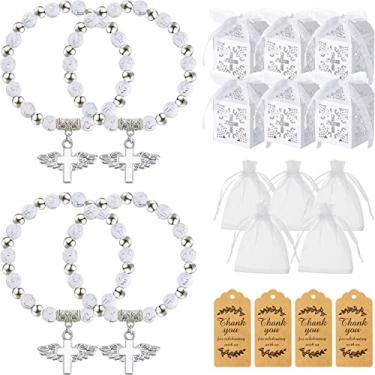 Imagem de Conjunto de 200 peças de lembrancinhas de batismo inclui 50 peças de pulseira de rosário de cruz de anjo 50 caixas de lembrancinhas de batismo com fita 50 etiquetas de agradecimento, 50 sacos de organza para chá de bebê suprimentos de batismo, Acrílico, Metal