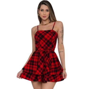 Imagem de Macaquinho Feminino Estilo Vestido Xadrez Com Laço P ao G Festa Junina