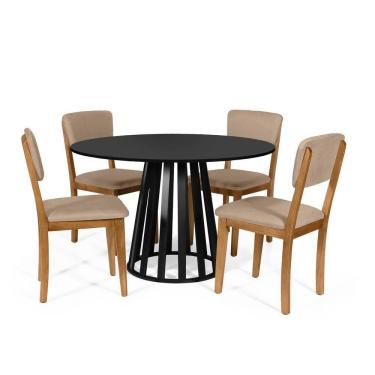 Imagem de Mesa De Jantar Redonda Gabi Preta Com 4 Cadeiras Estofadas Ella Marrom Claro