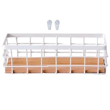 Imagem de Cestas de arame para pendurar 10 x 7 x 25 cm com base de madeira e ganchos, organizador de parede multifuncional para cozinha, banheiro, escritório, loja e armazenamento de entrada.