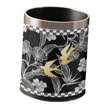 Imagem de YWJLQH Lixeira decorativa revestida em couro sintético, lixeira para quarto, escritório, sala de artesanato e sala de estar, Black W Silver Rim