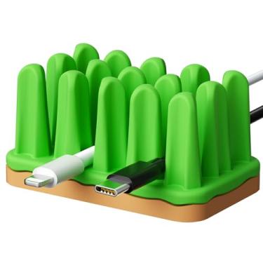 Imagem de ELETIUO Pacote com 2 organizadores de cabos de grama – Suporte de fio de grama de silicone com base adesiva, gerenciamento de cabos de mesa para carregador, mouse, cabos de teclado, brinquedo fidget