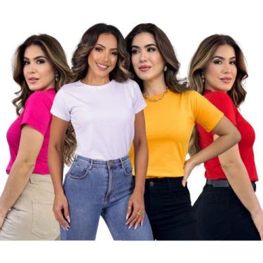 Imagem de Kit 4 Blusas Femininas Tshirts 100% Algodão Baby Look - Nenfa, Branco,
