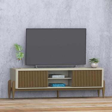 Imagem de Rack Sereno para TV 55” com Ripado 2 portas de correr 180cm Off White / Cedro