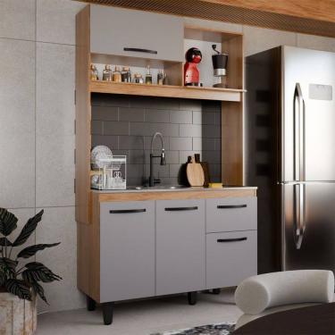 Imagem de Armário de Cozinha com Balcão Compacta Tina 4 Portas 1 Gaveta Freijó/Cinza - Panorama Móveis