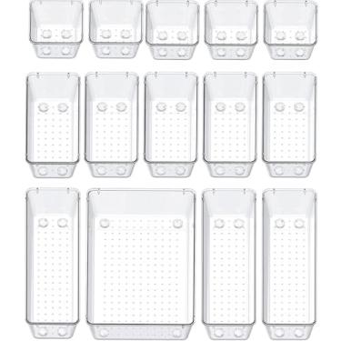 Imagem de Conjunto organizador de gaveta de plástico transparente, 28 unidades, organizadores de gaveta de mesa e caixas de armazenamento para recipientes de armazenamento antiderrapantes para maquiagem, joias,