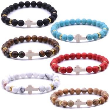 Imagem de HYHONEY Pulseira com contas cruzadas para mulheres e homens, pedra vulcânica, turquesa, olho de tigre, pulseira natural, cura da ansiedade, One Size, Pedra, Pedra