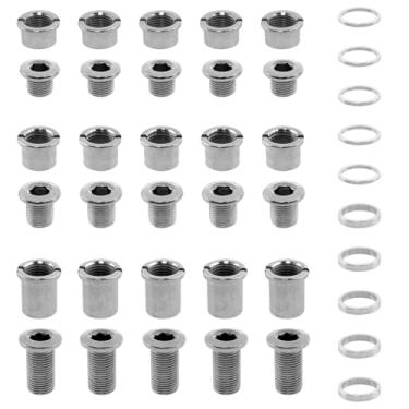 Imagem de AYLIFU Pedaleira de bicicleta de montanha, pedaleira de bicicleta, prata, simples, dupla/tripla, parafusos de parafuso 5 cada, arruelas de 1 mm + 2 mm, 5 cada para bicicletas de estrada, mountain