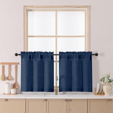 Imagem de Chyhomenyc Cortinas de cozinha azul marinho 61 cm de comprimento, filtro de luz de linho sintético texturizado pequena meia janela cortina de café, cortinas curtas para armário banheiro porão trailer