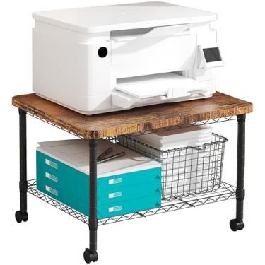 Imagem de Howzone Suporte para impressora, mesa sob a mesa, altura ajustável, mesa de 3 níveis com rodas, carrinho móvel industrial sob a mesa, prateleira para espaços pequenos, escritório em casa, marrom