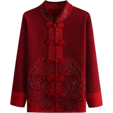 Imagem de Mãe Idosa De Meia-idade Cardigan Suéter De Malha Feminina Outerwear Retro Single Breasted Outono Inverno Camisola Jaqueta Estilo Chinês Solto Quente Vovó Cardigan De Malha, Dark Red, 4XL