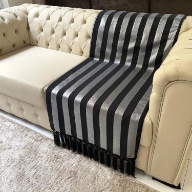Imagem de Manta Para Sofá Tecido Jacquard Luxo Listrado Preto e Prata190x140cm -
