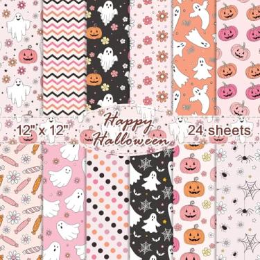 Imagem de sorkwo Conjunto de 24 folhas de papel com padrão de Halloween, 30,5 x 30,5 cm, papel de cartolina com padrão de Halloween, materiais para scrapbooking, abóbora, fantasma, aranha, xadrez, listras,