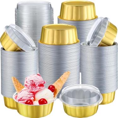 Imagem de Gejoy 180 peças de ramequins descartáveis com tampas, copos de cozimento de folha de alumínio de 227 g com tampas, forro de cupcake de ramekin para festa, casamento, aniversário, para sobremesa de
