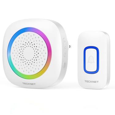 Imagem de TECKNET Campainha sem fio plug-in com iluminação RGB e alcance de 1300 pés, campainha à prova d'água IP66 para casa/sala de aula/escritório/negócios, 60 sinos, volume de 5 níveis, vida útil da bateria