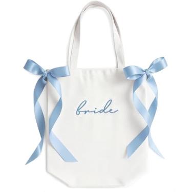 Imagem de Bride Squad Bolsa de noiva de lona de casamento com laço azul para chá de panela, despedida de solteira, viagem de lua de mel e uso diário (bege)