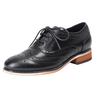 Imagem de Mona Flying Sapato feminino de couro perfurado com cadarço Oxfords Brogue Wingtip Derby sapato de sela para meninas e mulheres, Preto, 10.5