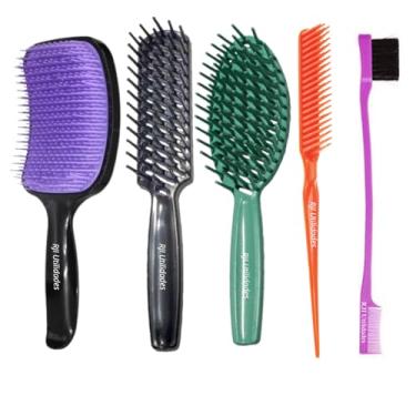 Imagem de Kit Escovas e Pentes para Cabelo Cacheado e Crespo – Escova Raquete Flexível e Firme + Pente 3 Fileiras Fitagem + Baby Hair 2 em 1 + Pente Profissional