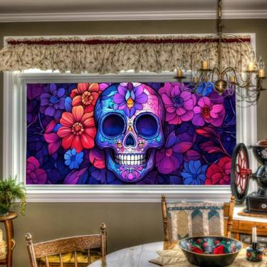 Imagem de HOMETITUTE 100 x 43 cm Dia dos Mortos Sugar Skull Película de Privacidade Dia das Bruxas Colorido Floral Crânio Janela Adesivo Día de Los Muertos Decalque de Janela para Porta de Vidro Decoração